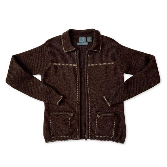 Vintage 90s Ivy Wool Zip Up Cardigan Sweater Brown Cottagecore Coastal Grandma - Picture 2 of 11